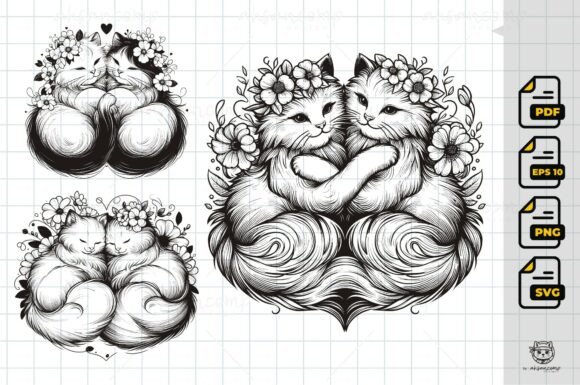 Download Romantic Floral Cat Couple Illustration - Romantic Collection