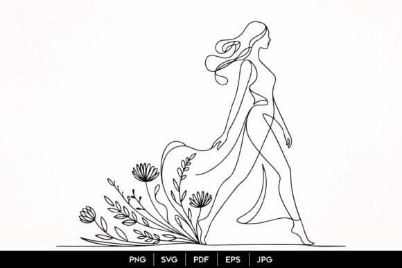 Download Elegant Floral Woman Line Art SVG - Svg Collection